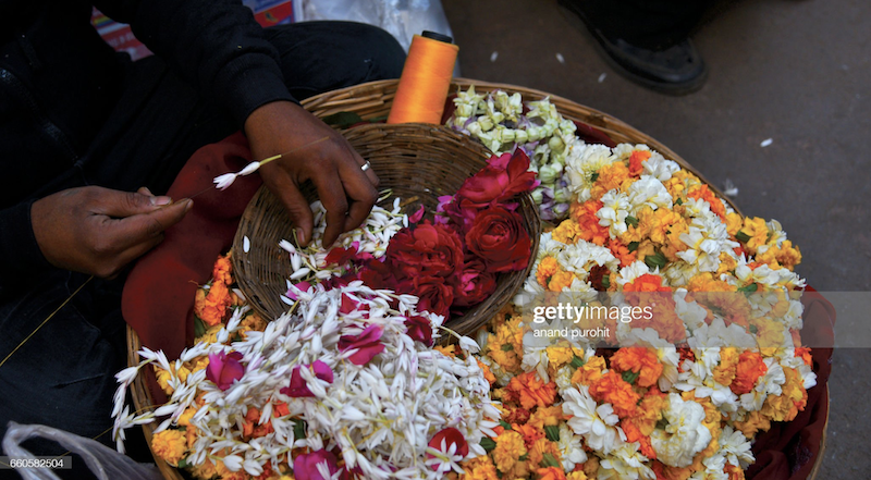 Sale of Flowers for worship outside of temple, Nathdwara, India